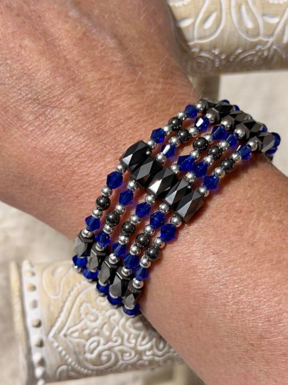 Magnetic Blue Black & Silver Beaded Wrap Bracelet